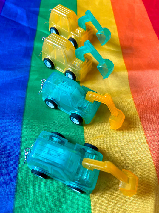 Cute tractor w adjustable shovel pullback stim toy earrings