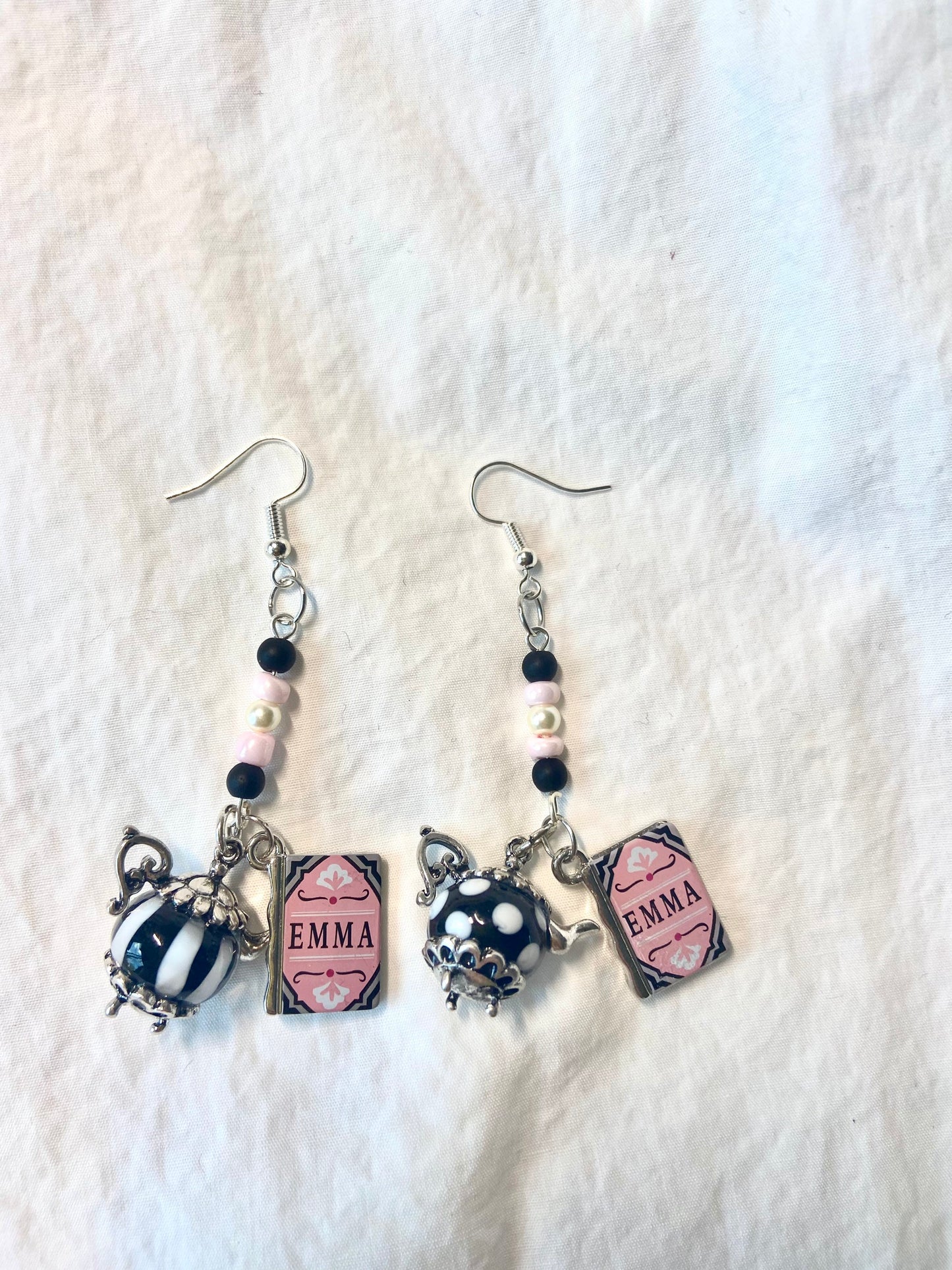 Emma Jane Austen beaded tea pot book novelty statement earrings