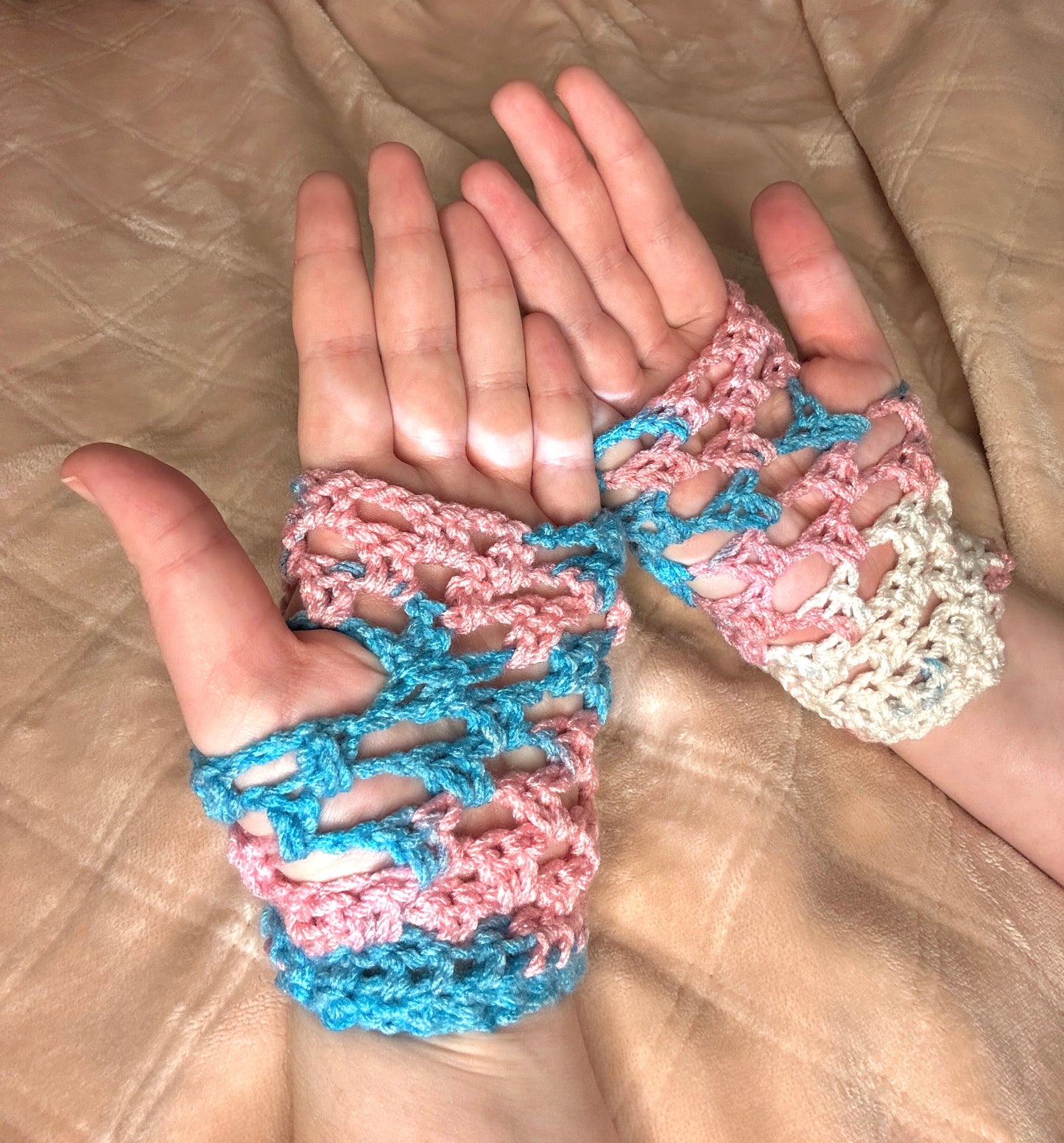 Trans pride flag fingerless crochet gloves
