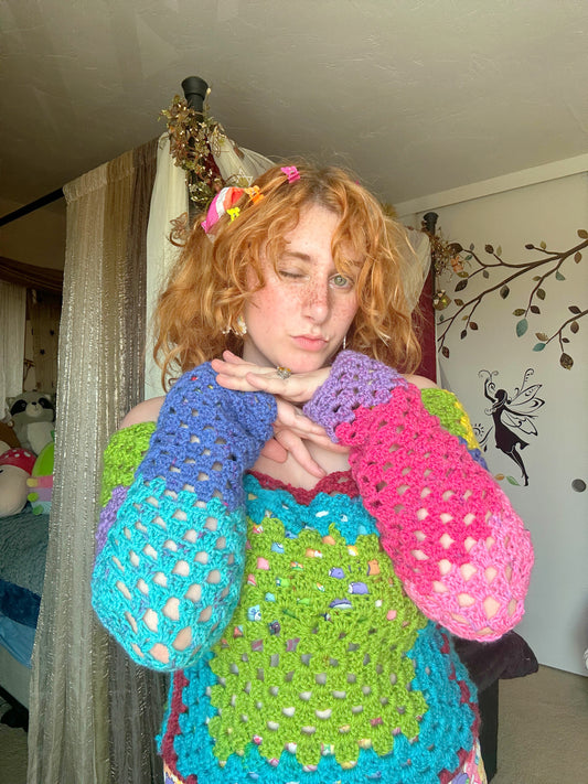Rainbow mesh reversible crochet cropped sweater