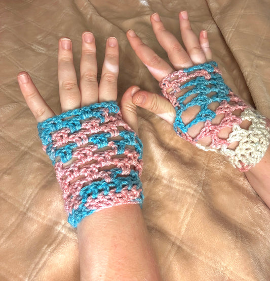 Trans pride flag fingerless crochet gloves