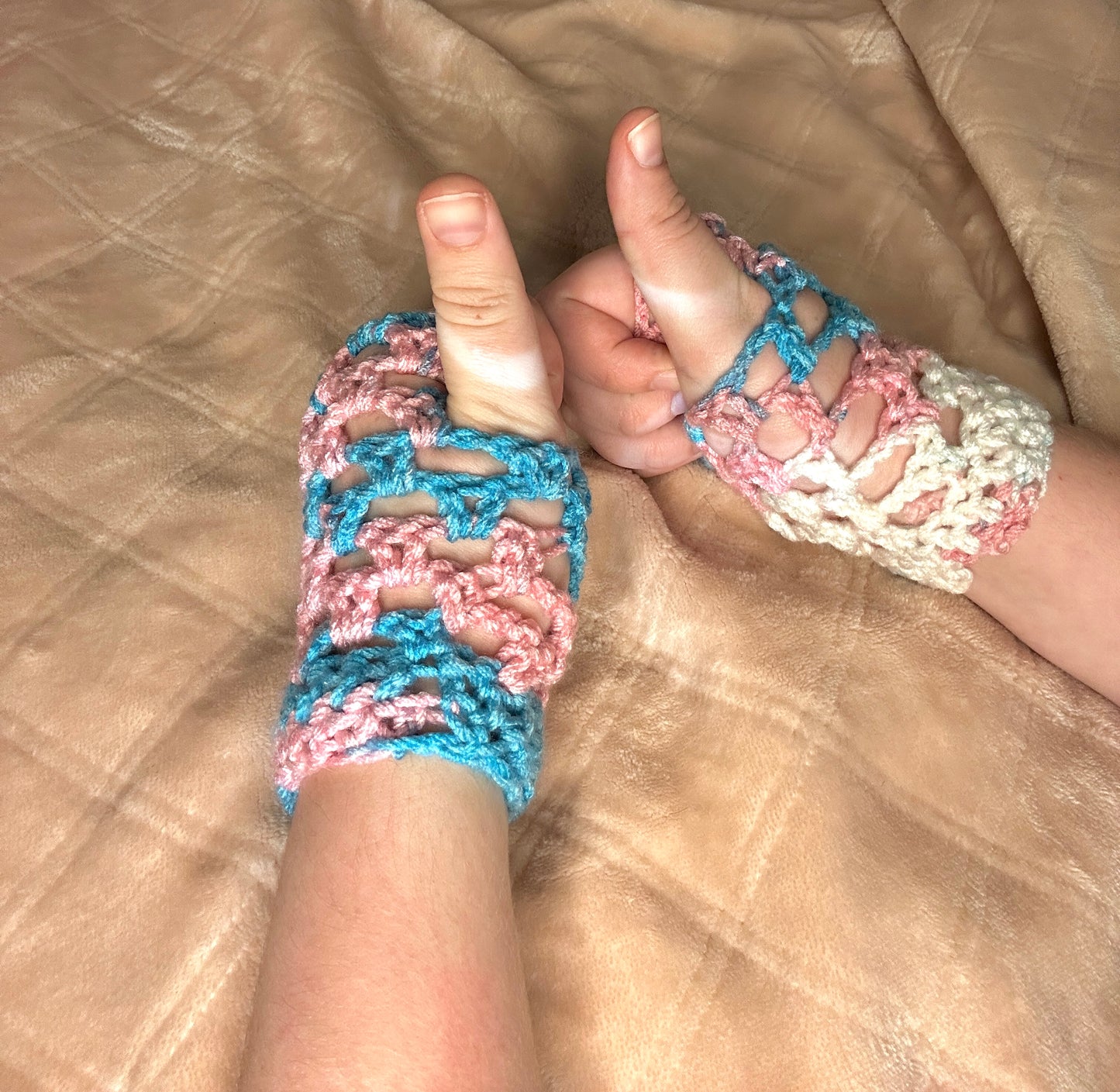 Trans pride flag fingerless crochet gloves